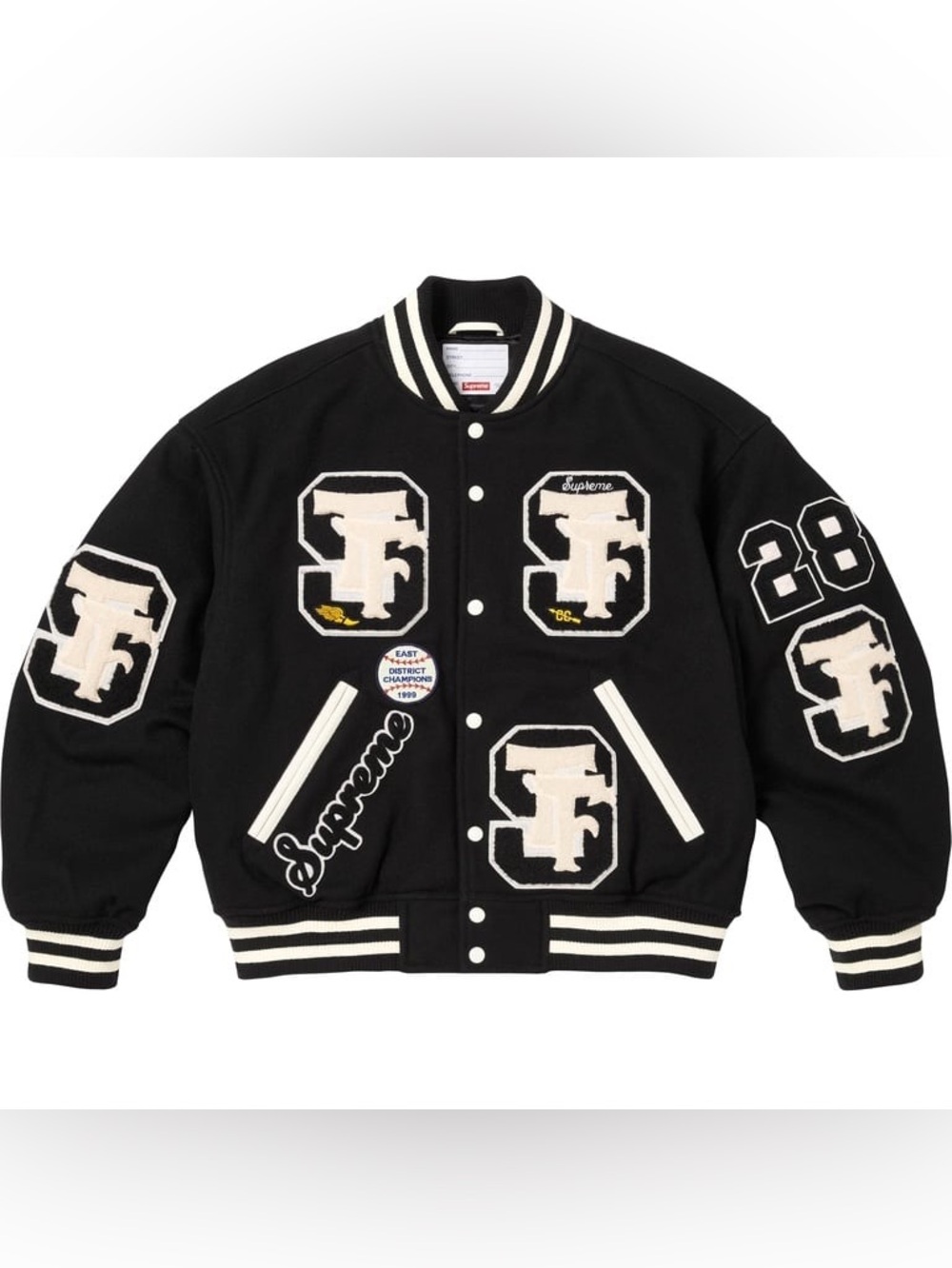 Supreme Drill Team Varsity Jacket Black FW25 Men’s Size Large. Wool blend